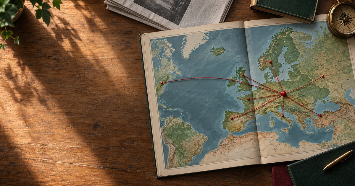 Ilustrační fotografie vytvořená pomocí AI: rozevřený atlas s novinami a spojnicemi. Nejde o datovou mapu; ověřené země jsou vyznačeny v mapě pod fotografií.