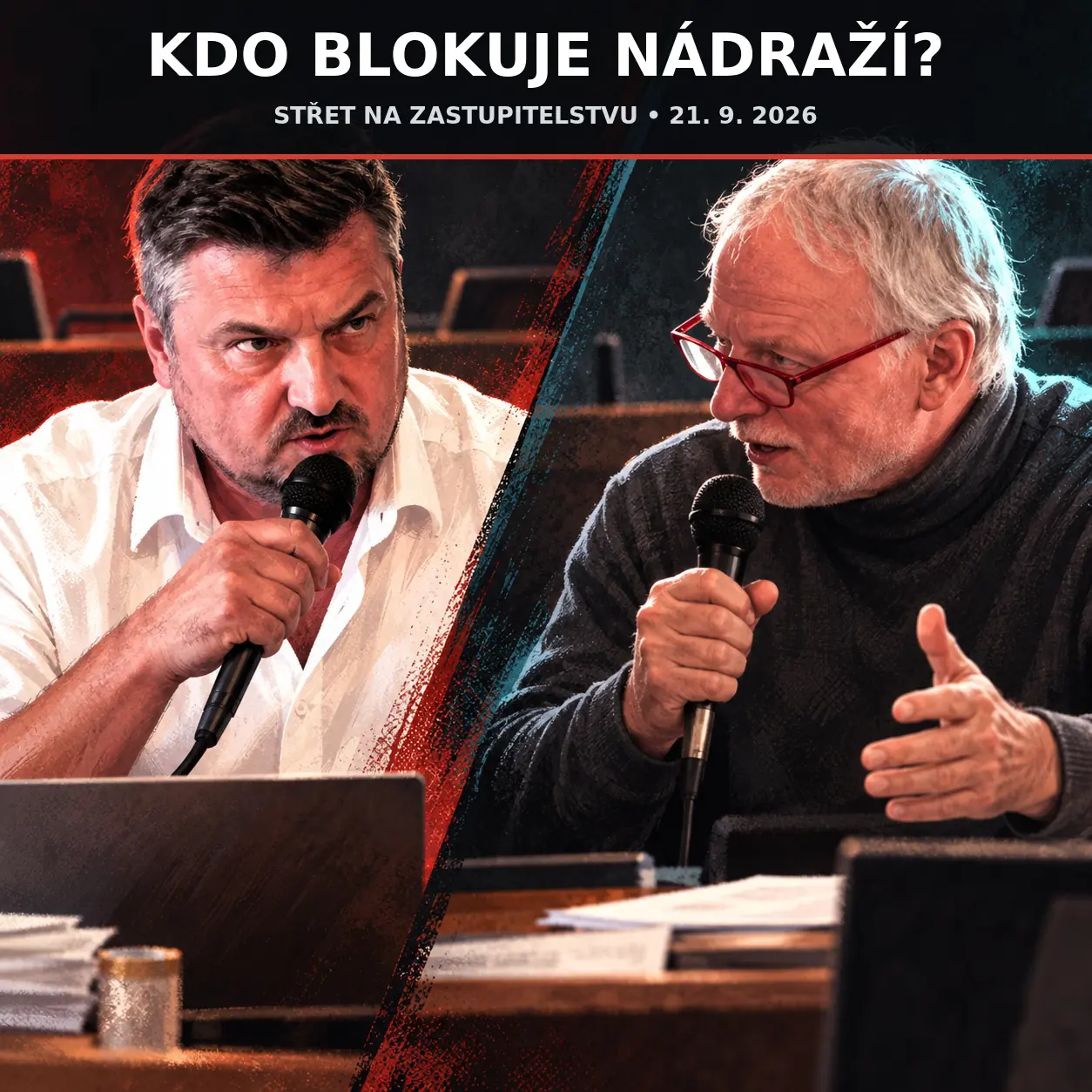 Stylizovaná ilustrační grafika zachycuje Milana Samce a Pavla Roušara při ostré slovní výměně s mikrofony na zasedání zastupitelstva. Obraz je rozdělen diagonální červenou a modrou linií. V horní části je titulek Kdo blokuje nádraží?